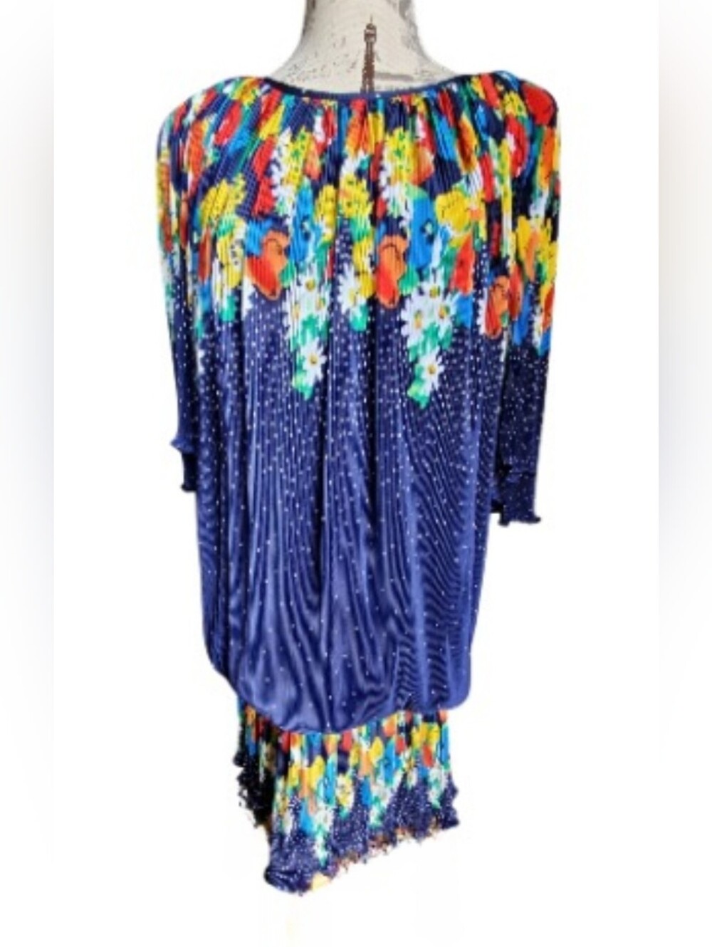 Vtg. 1970s-80s Verginie Paris Blue Floral Micro Pleated Drop-waist Blouson Dress